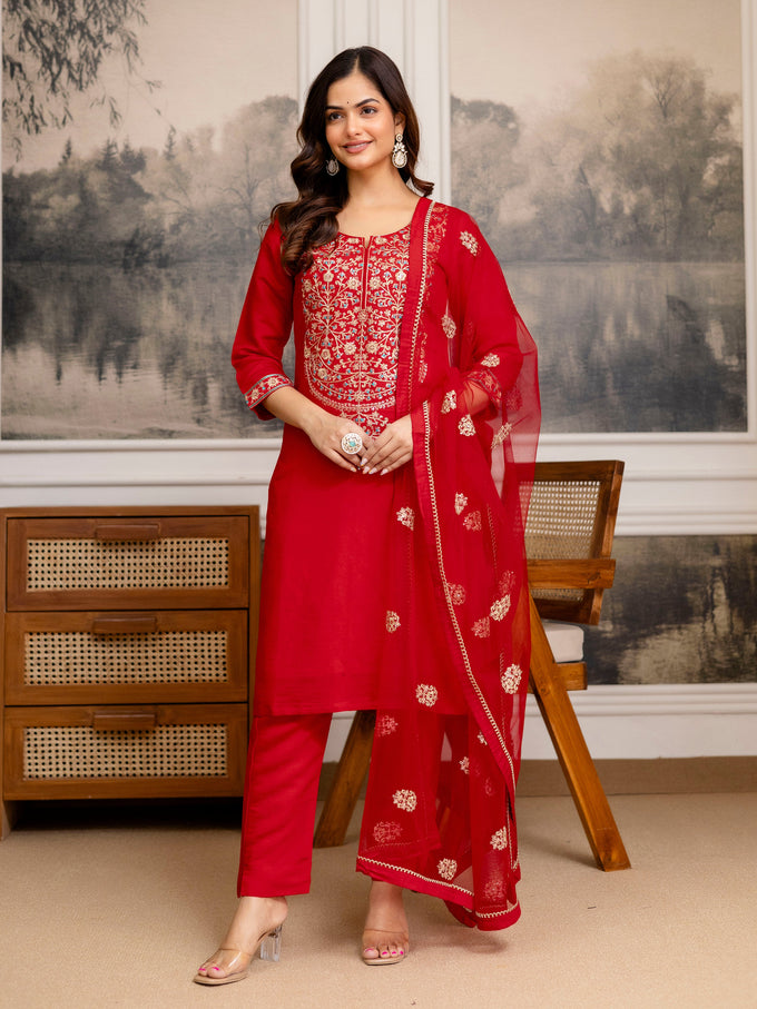 Red Chanderi Embroidery Salwar Suit with Dupatta Set For Women's Trendmalls