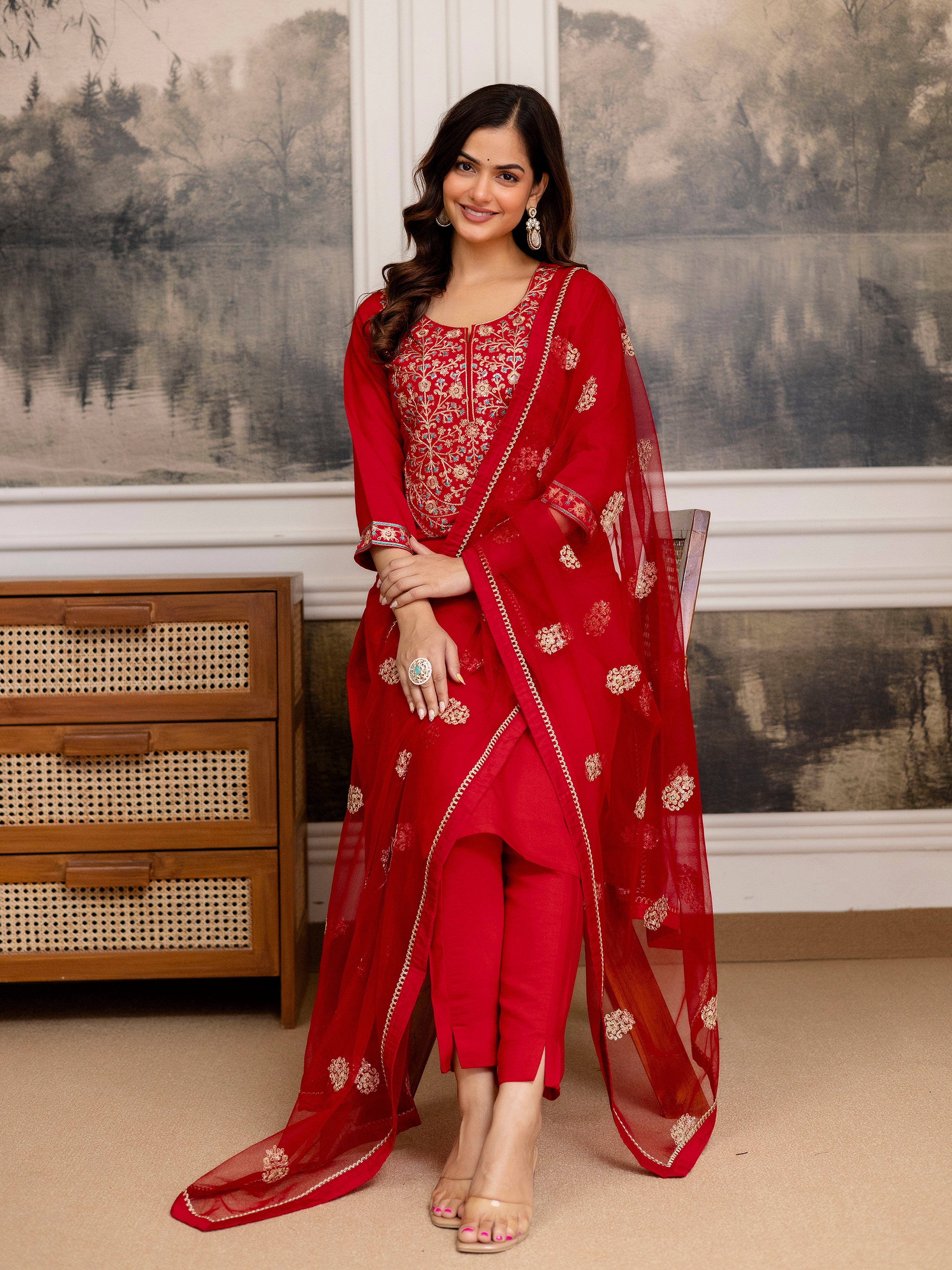 Red Chanderi Embroidery Salwar Suit with Dupatta Set For Women's Trendmalls