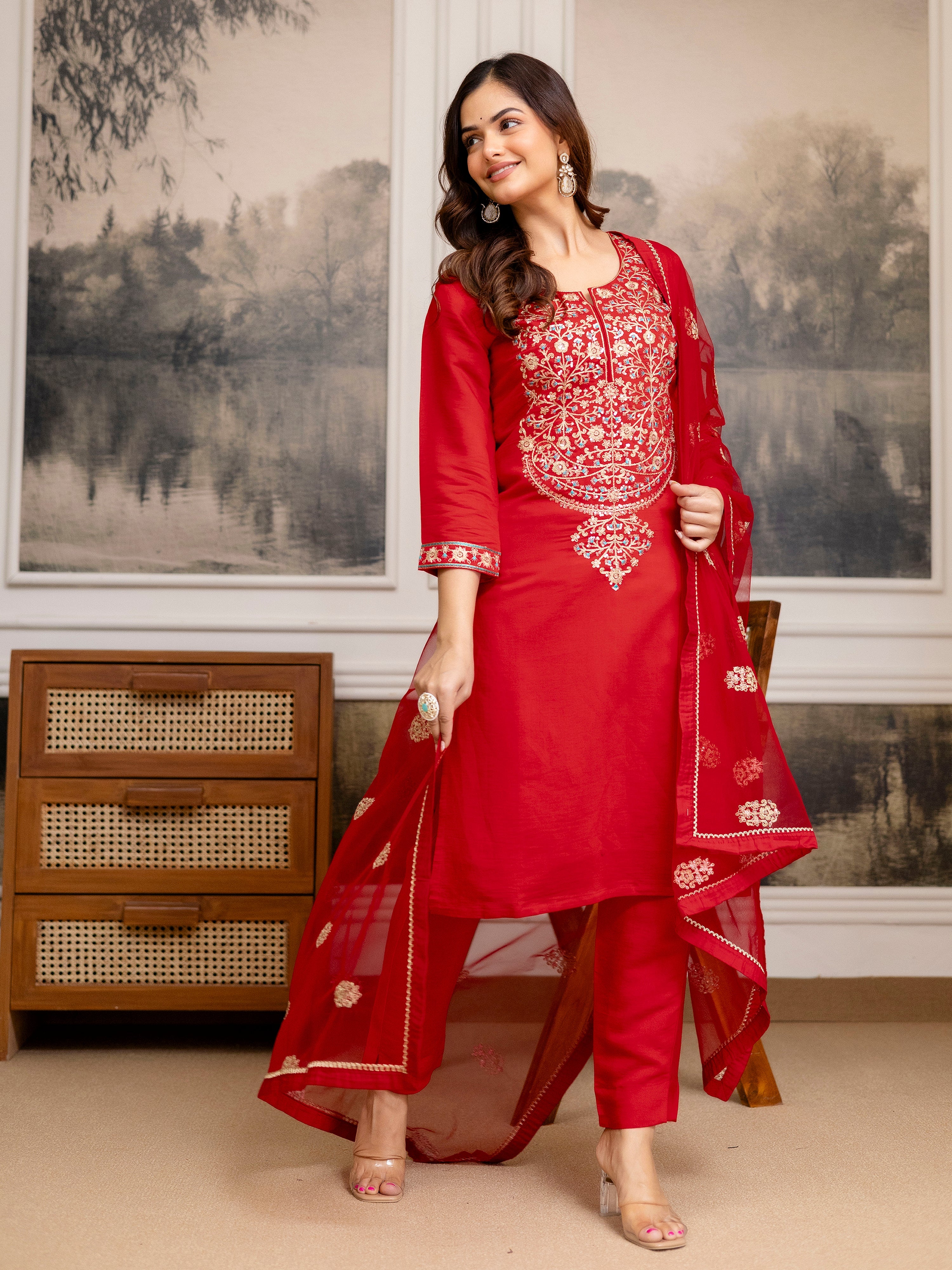 Red Chanderi Embroidery Salwar Suit with Dupatta Set For Women's Trendmalls