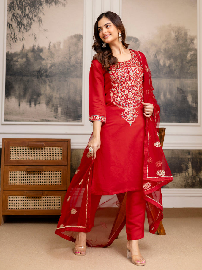Red Chanderi Embroidery Salwar Suit with Dupatta Set For Women's Trendmalls