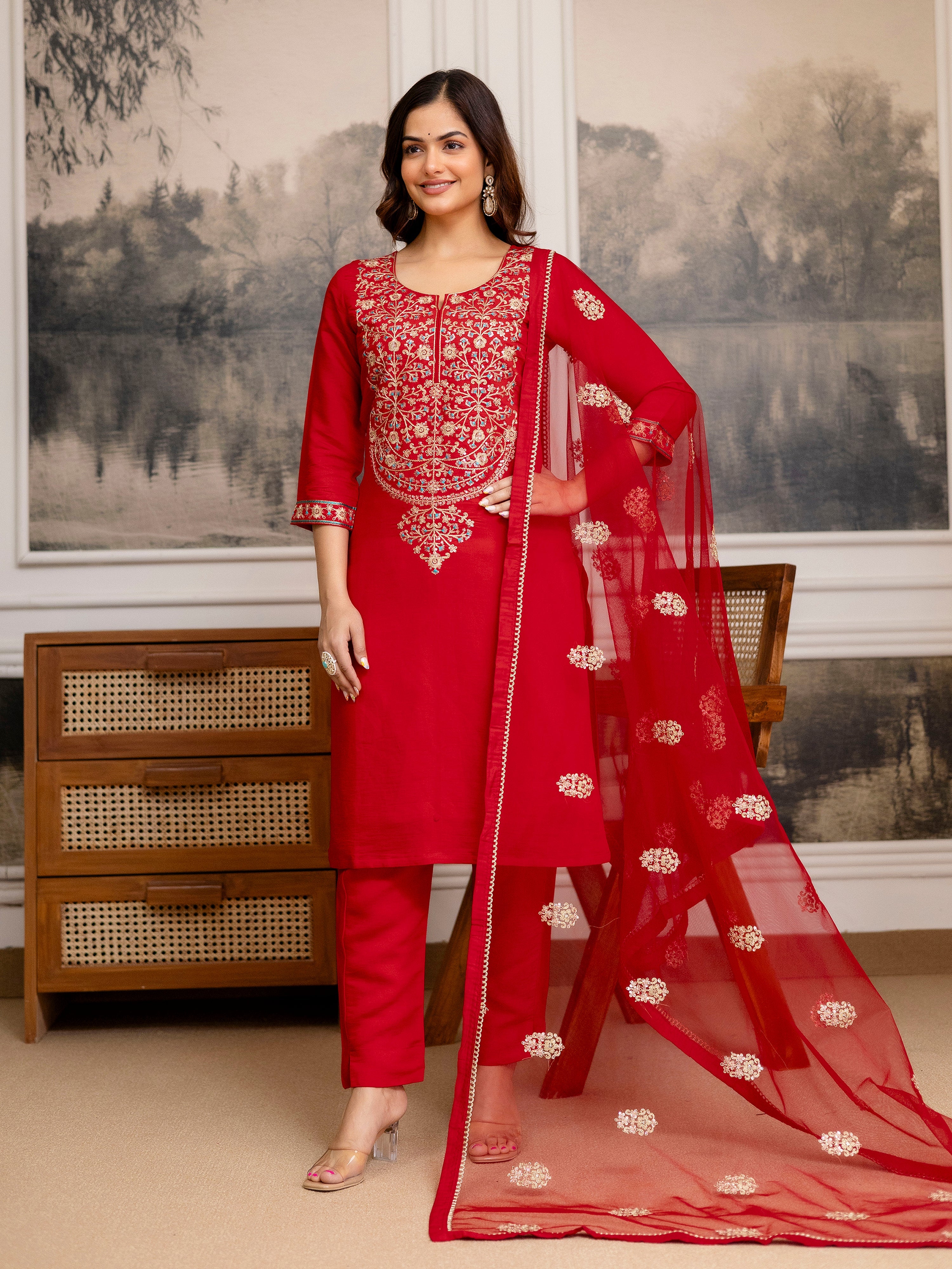 Red Chanderi Embroidery Salwar Suit with Dupatta Set For Women's Trendmalls