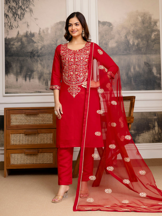 Red Chanderi Embroidery Salwar Suit with Dupatta Set For Women's Trendmalls