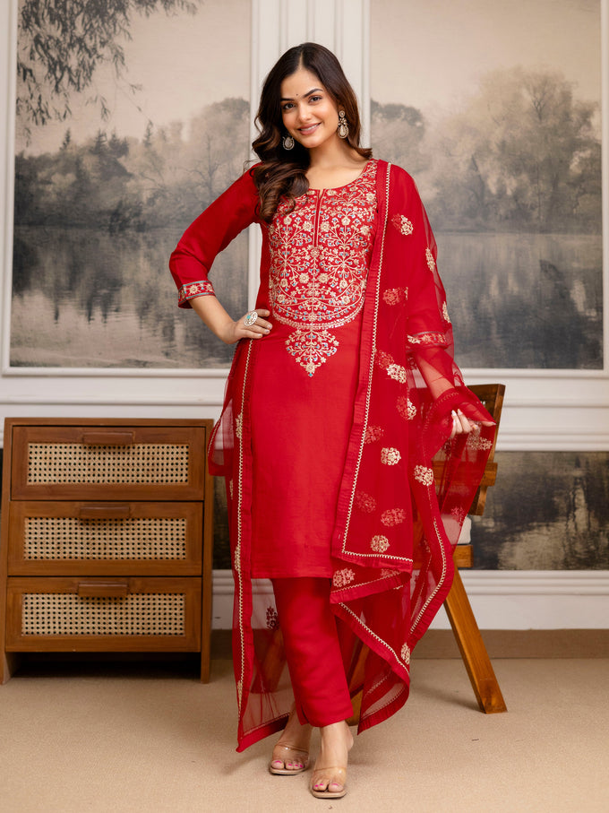 Red Chanderi Embroidery Salwar Suit with Dupatta Set For Women's Trendmalls