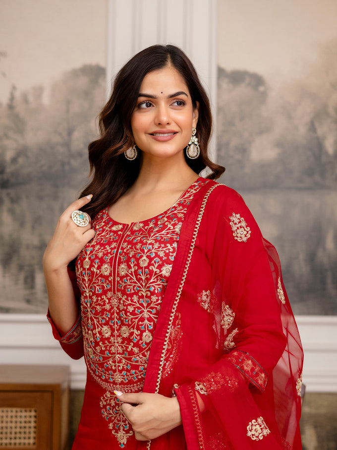 Red Chanderi Embroidery Salwar Suit with Dupatta Set For Women's Trendmalls