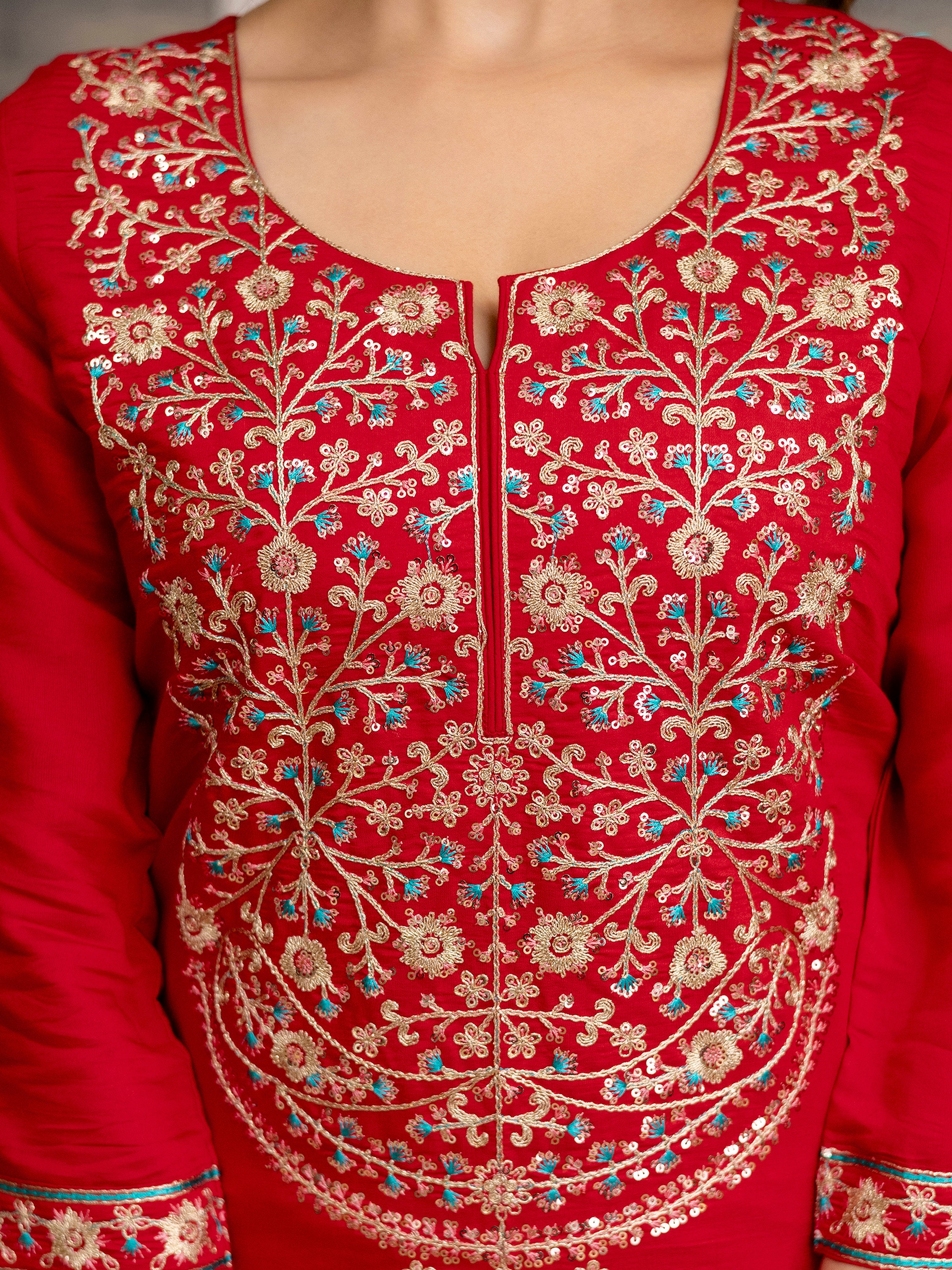 Red Chanderi Embroidery Salwar Suit with Dupatta Set For Women's Trendmalls
