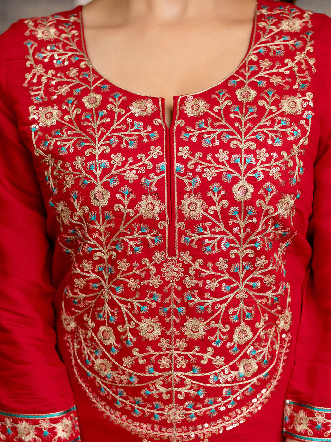 Red Chanderi Embroidery Salwar Suit with Dupatta Set For Women's Trendmalls