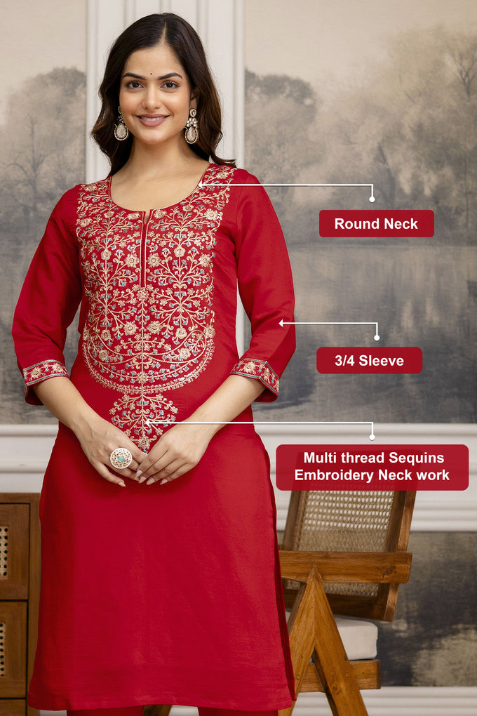 Red Chanderi Embroidery Salwar Suit with Dupatta Set For Women's Trendmalls