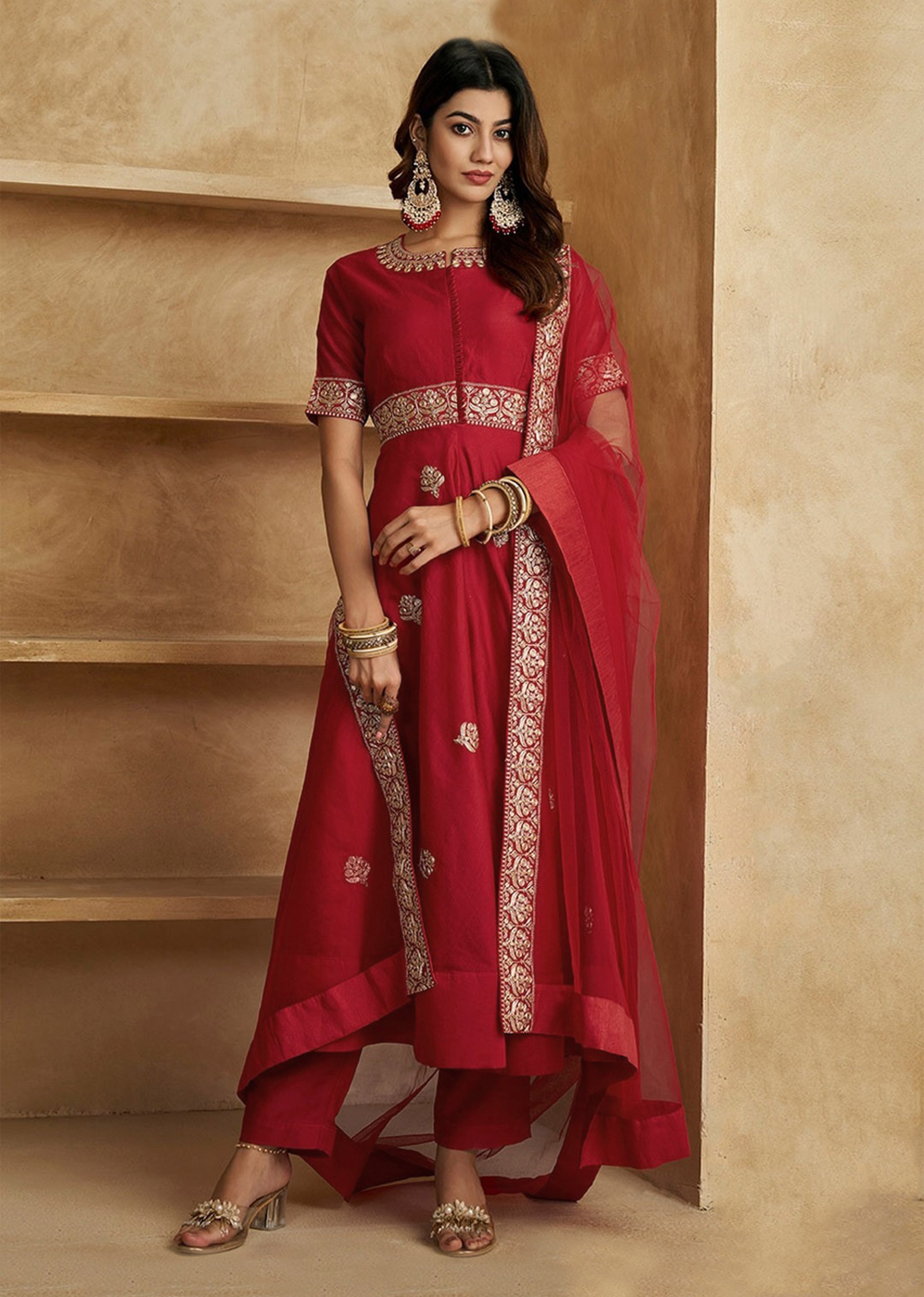 Red Chanderi Anarkali Embroidery Salwar Suit with Dupatta Set For Women's Trendmalls