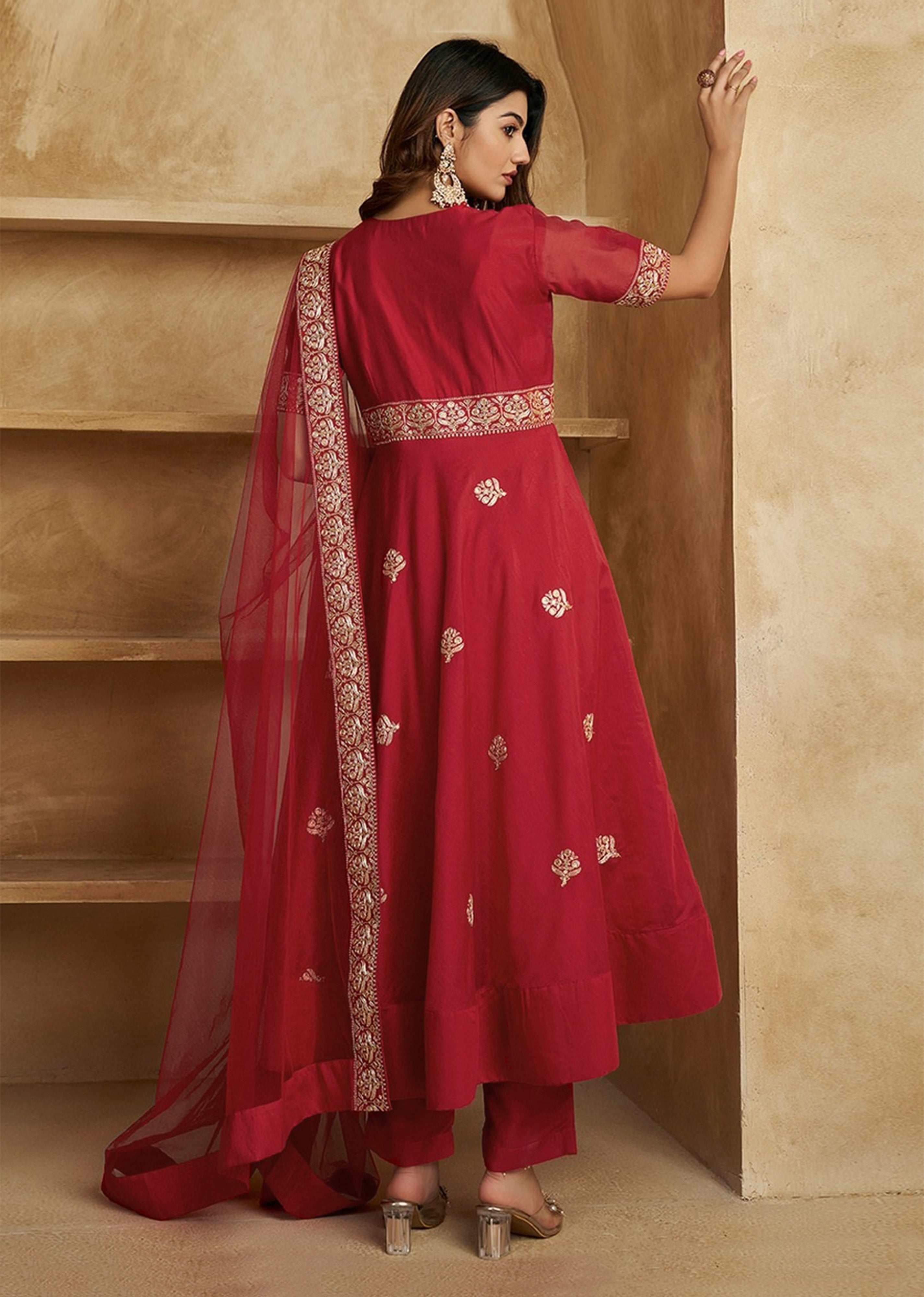 Red Chanderi Anarkali Embroidery Salwar Suit with Dupatta Set For Women's Trendmalls