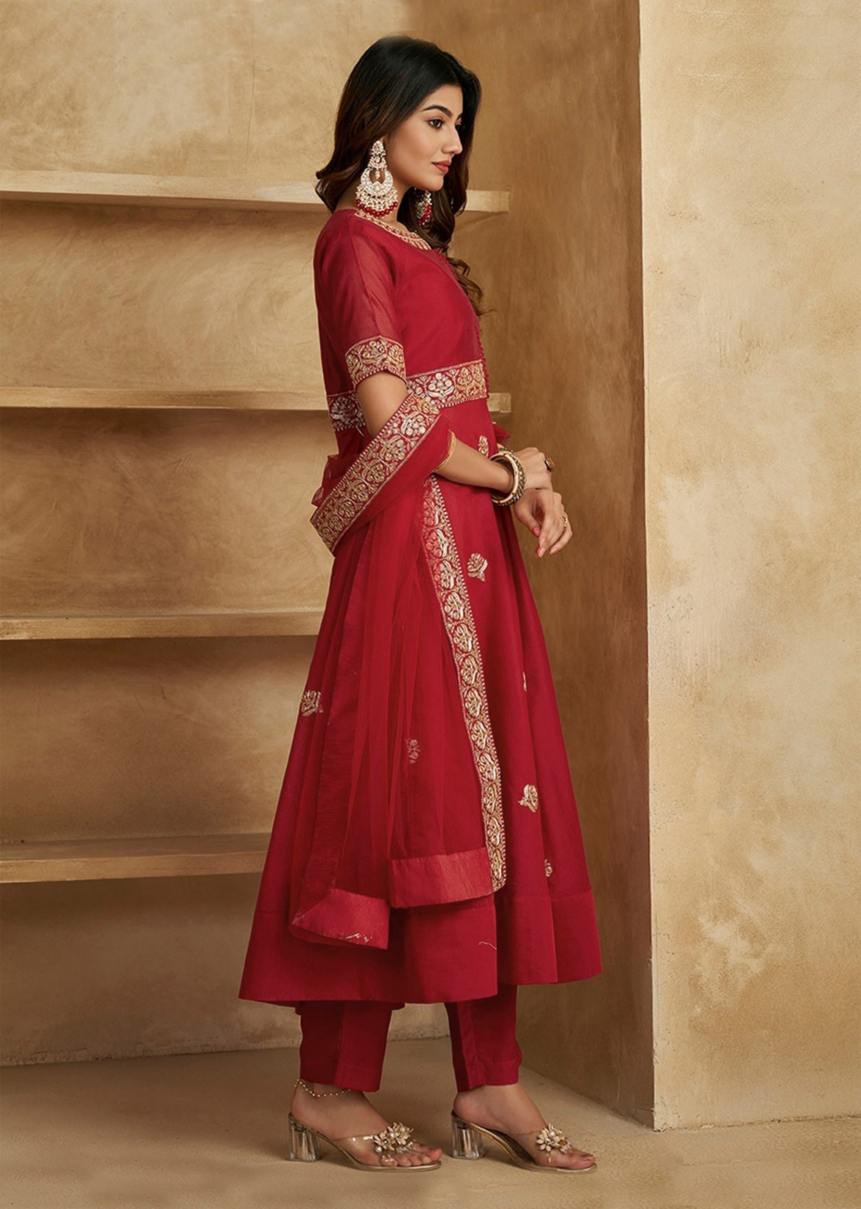 Red Chanderi Anarkali Embroidery Salwar Suit with Dupatta Set For Women's Trendmalls