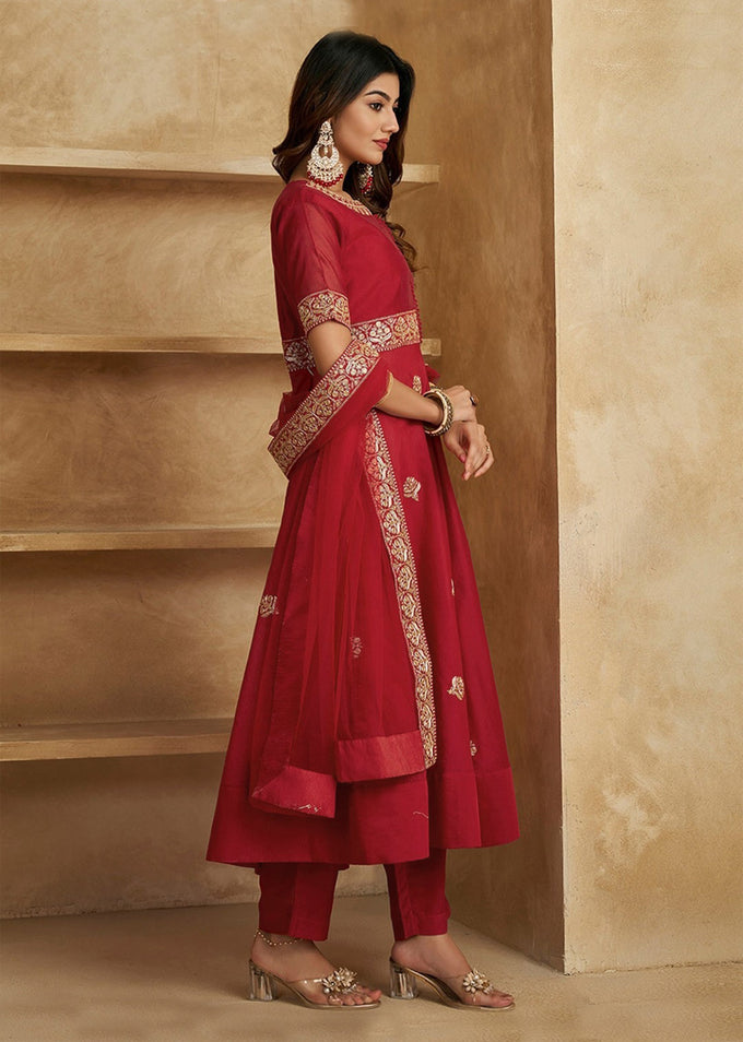 Red Chanderi Anarkali Embroidery Salwar Suit with Dupatta Set For Women's Trendmalls