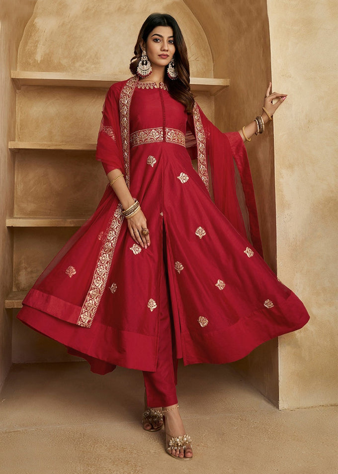 Red Chanderi Anarkali Embroidery Salwar Suit with Dupatta Set For Women's Trendmalls