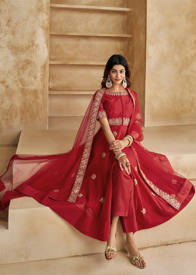 Red Chanderi Anarkali Embroidery Salwar Suit with Dupatta Set For Women's Trendmalls