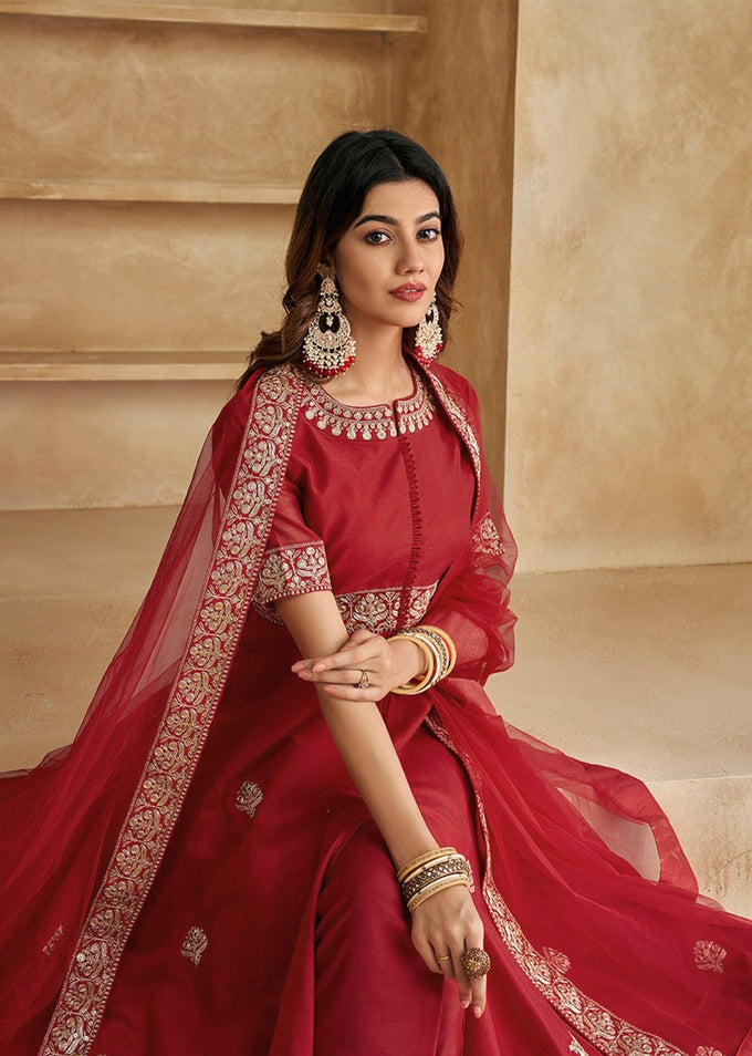 Red Chanderi Anarkali Embroidery Salwar Suit with Dupatta Set For Women's Trendmalls