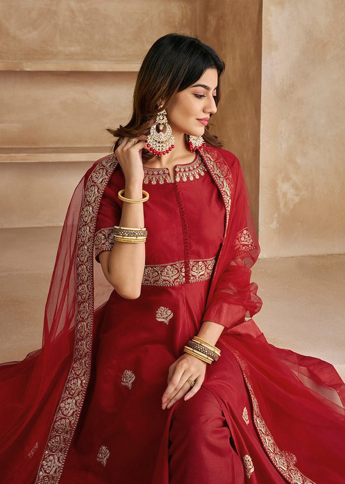 Red Chanderi Anarkali Embroidery Salwar Suit with Dupatta Set For Women's Trendmalls