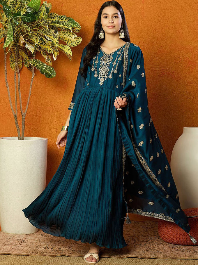 Morpeach Vichitra Silk Embroidery Salwar Suit Set Anarkali Kurta Set with Dupatta For Women's Trendmallsin