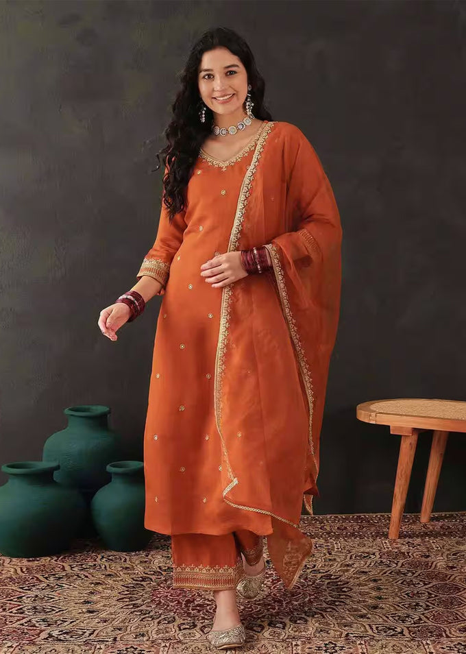 Orange Chanderi Embroidery Salwar Suit with Dupatta Set For Women's Trendmalls