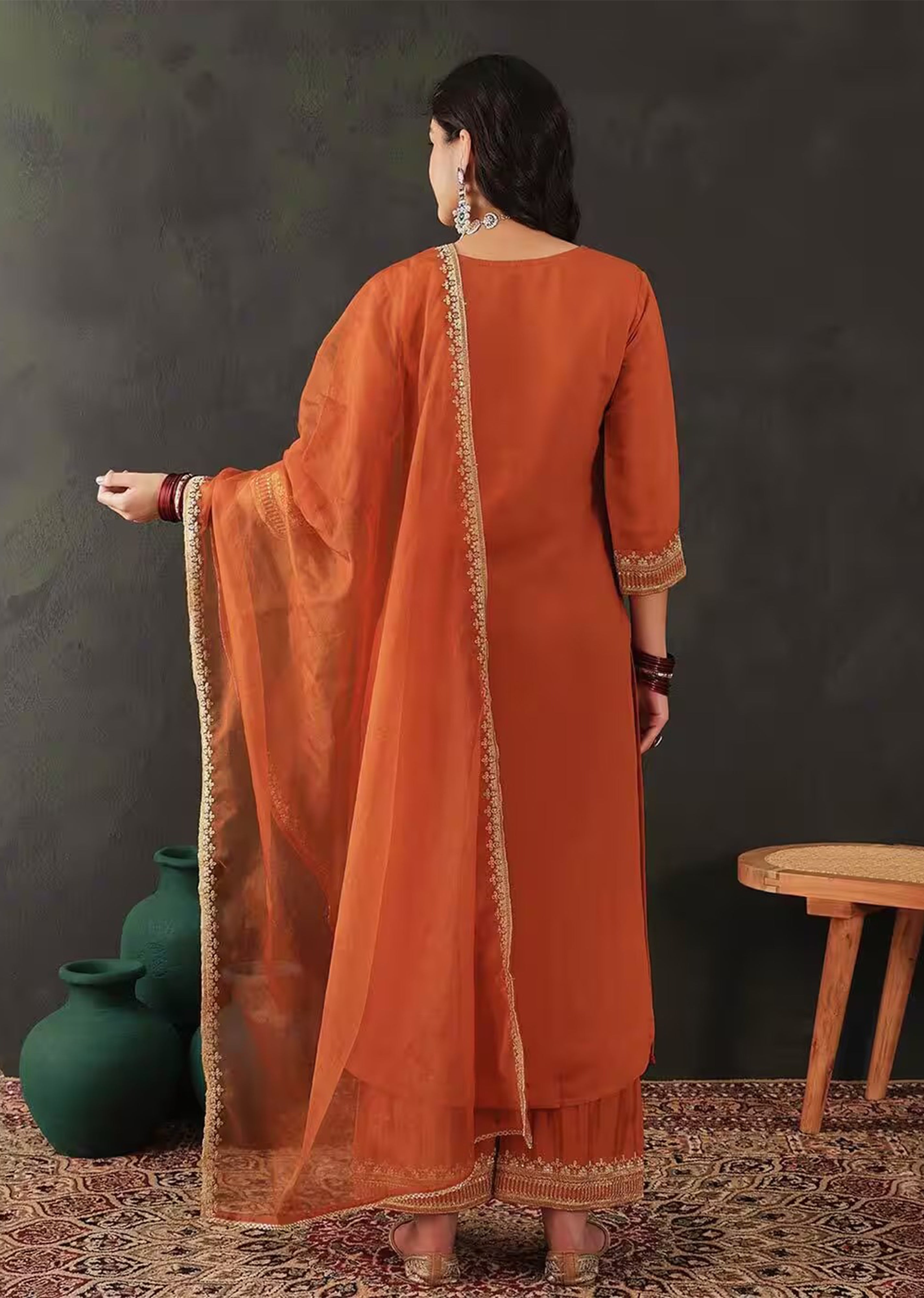 Orange Chanderi Embroidery Salwar Suit with Dupatta Set For Women's Trendmalls