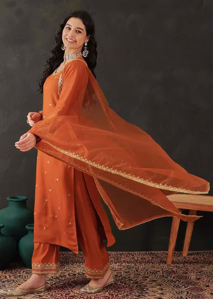 Orange Chanderi Embroidery Salwar Suit with Dupatta Set For Women's Trendmalls