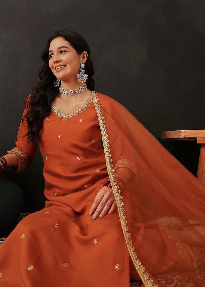 Orange Chanderi Embroidery Salwar Suit with Dupatta Set For Women's Trendmalls