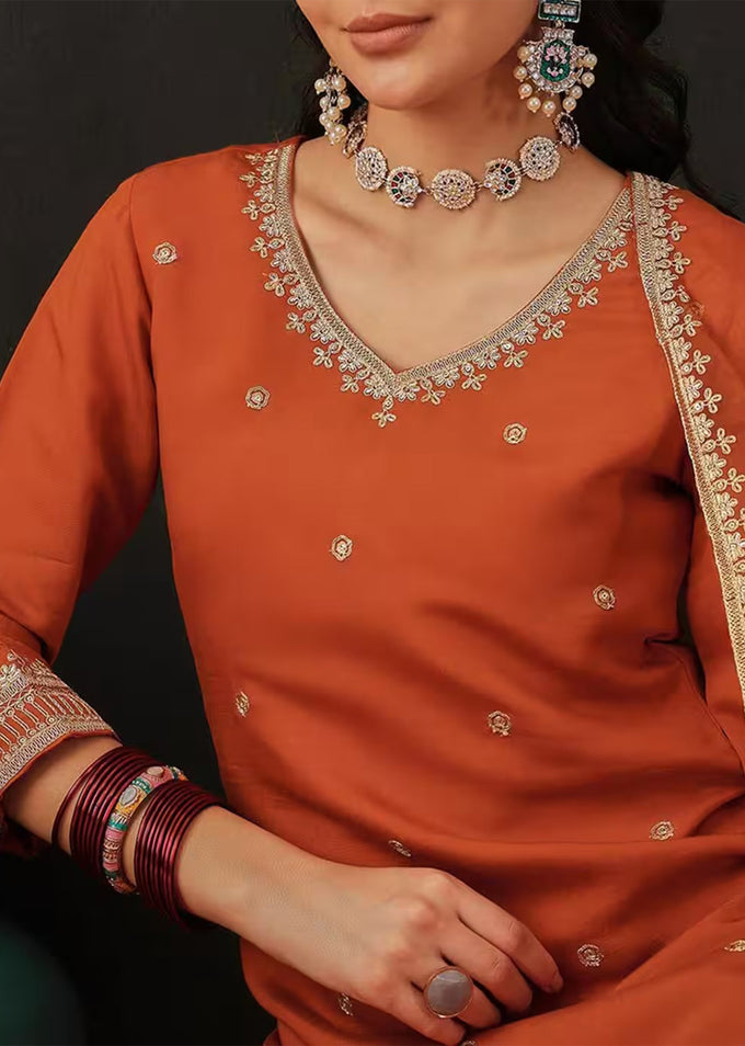 Orange Chanderi Embroidery Salwar Suit with Dupatta Set For Women's Trendmalls