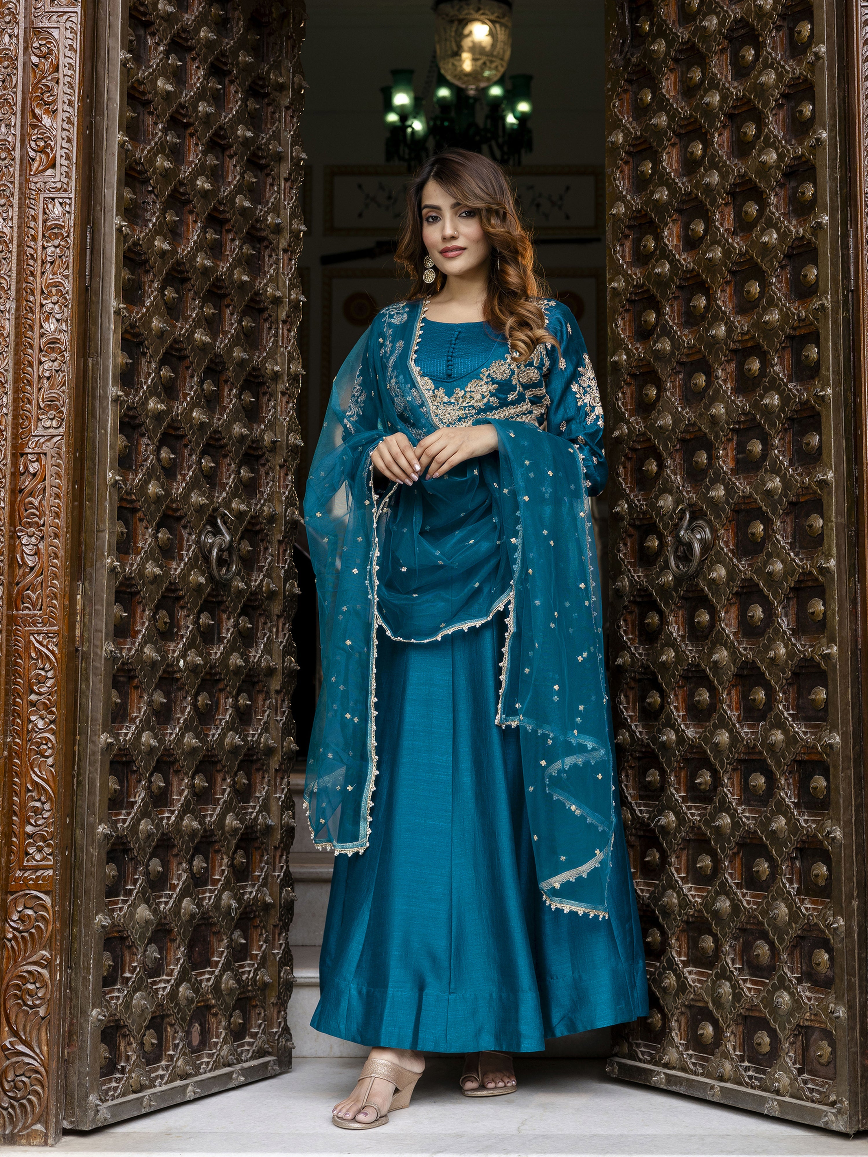 Morpeach Art Silk Embroidery Work Anarkali Kurta Pant with Net Dupatta Set Trendmalls