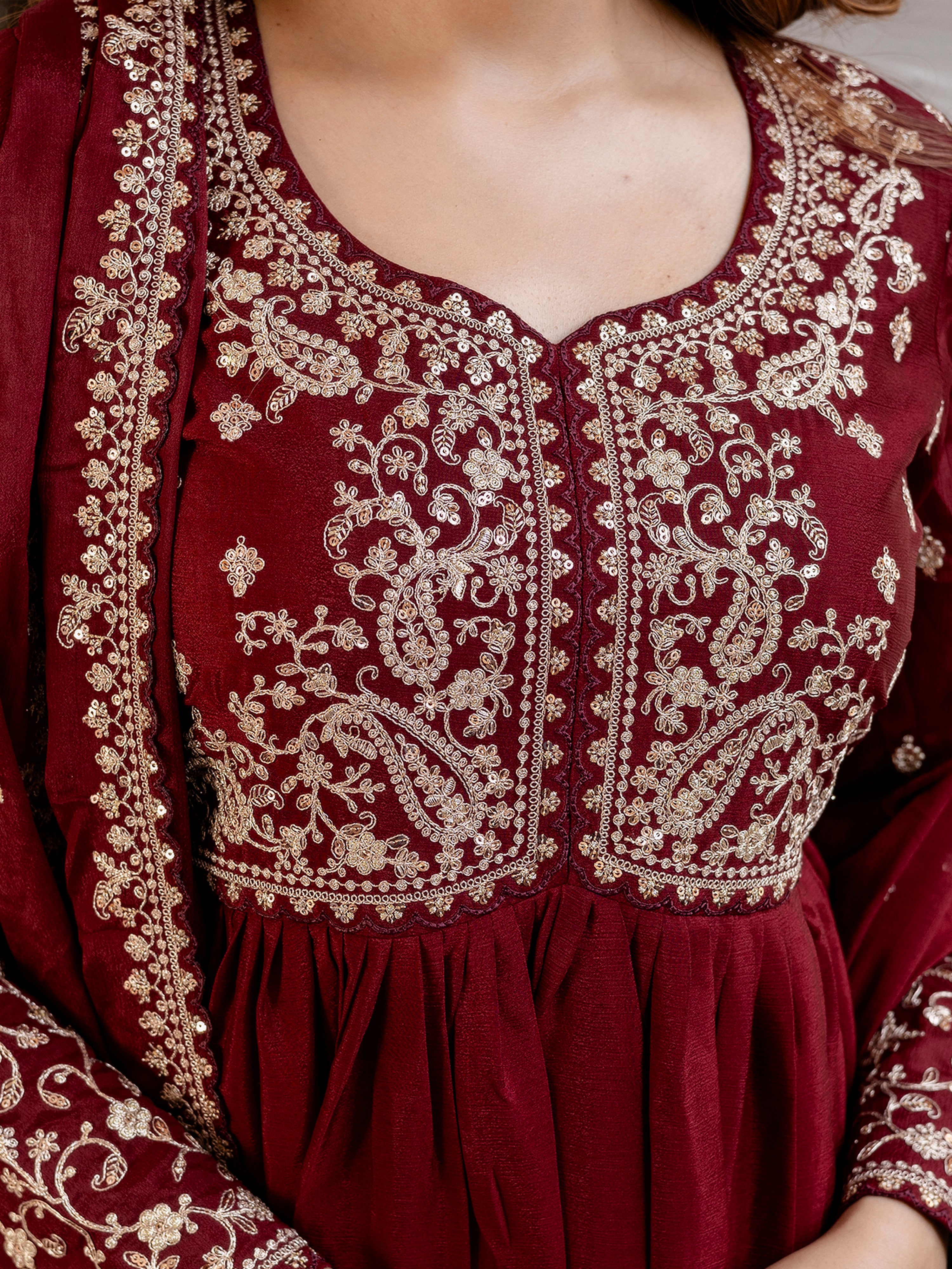 Maroon Silk Blend Embroidery Anarkali  Salwar Suit Set with Dupatta for Women'S Trendmallsin
