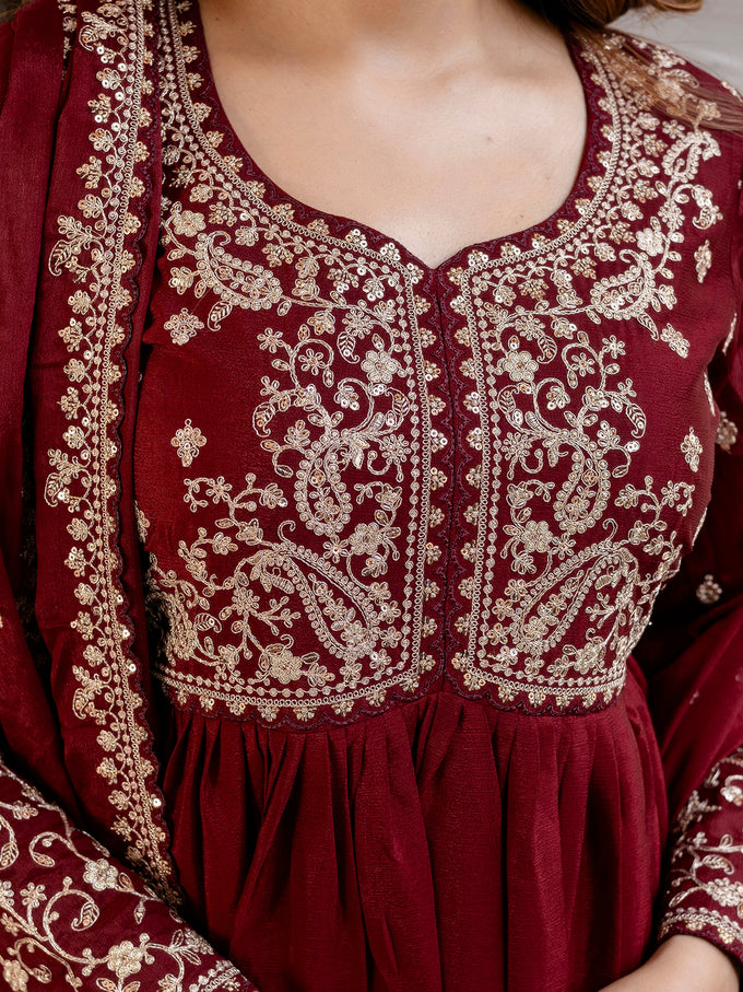 Maroon Silk Blend Embroidery Anarkali  Salwar Suit Set with Dupatta for Women'S Trendmallsin