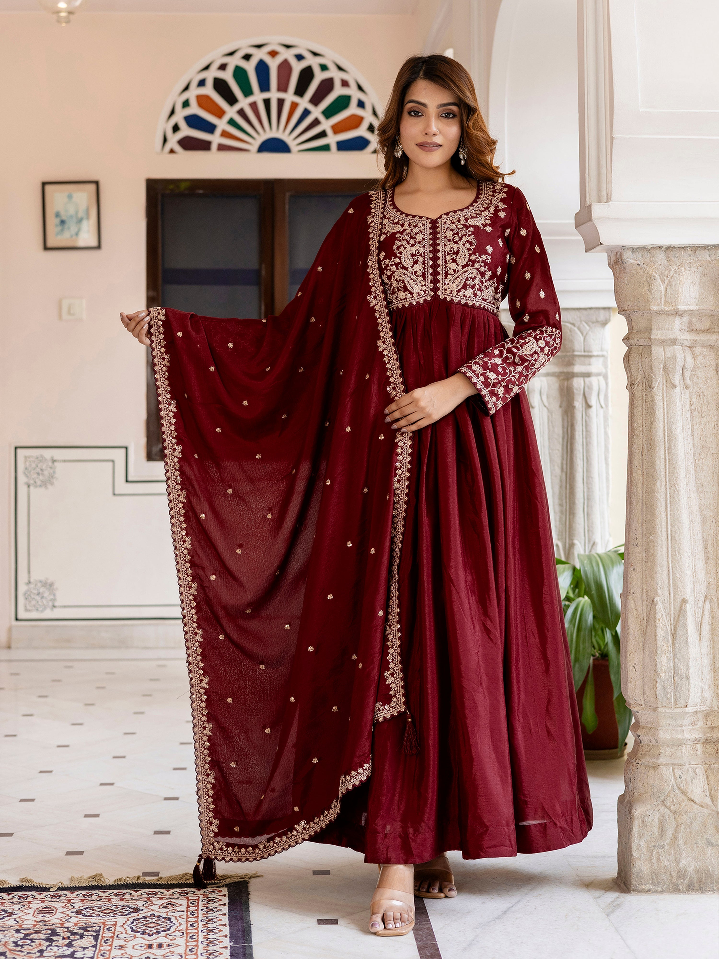 Maroon Silk Blend Embroidery Anarkali  Salwar Suit Set with Dupatta for Women'S Trendmallsin
