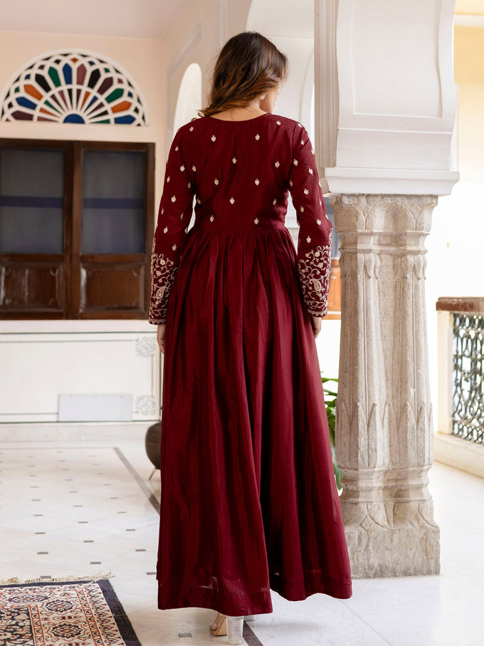 Maroon Silk Blend Embroidery Anarkali  Salwar Suit Set with Dupatta for Women'S Trendmallsin