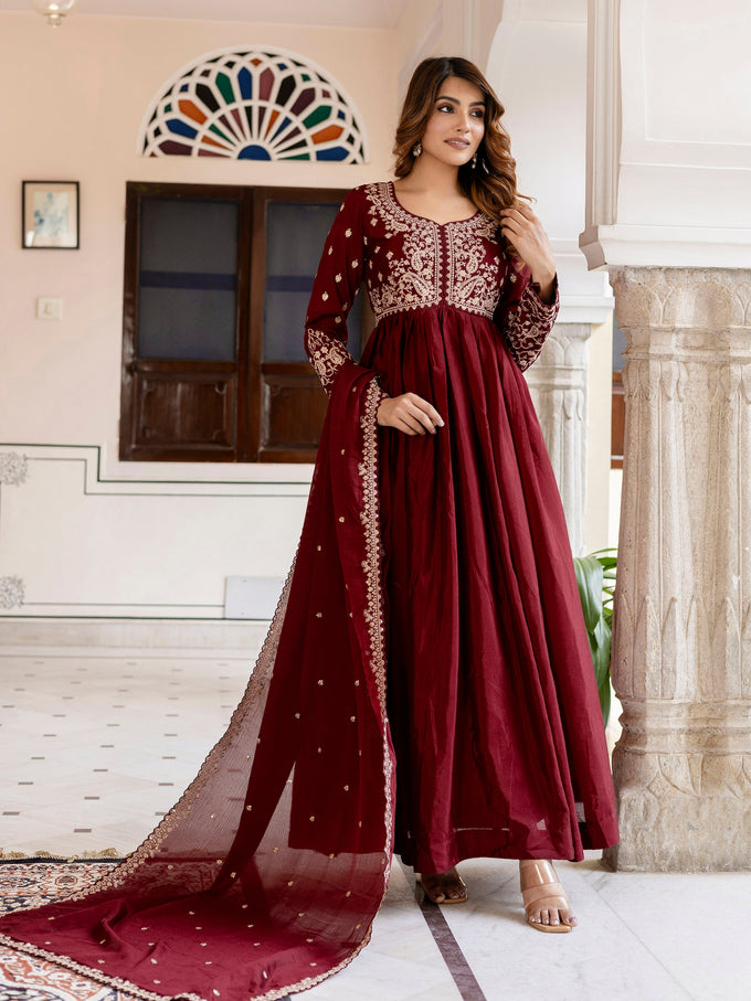 Maroon Silk Blend Embroidery Anarkali  Salwar Suit Set with Dupatta for Women'S Trendmallsin