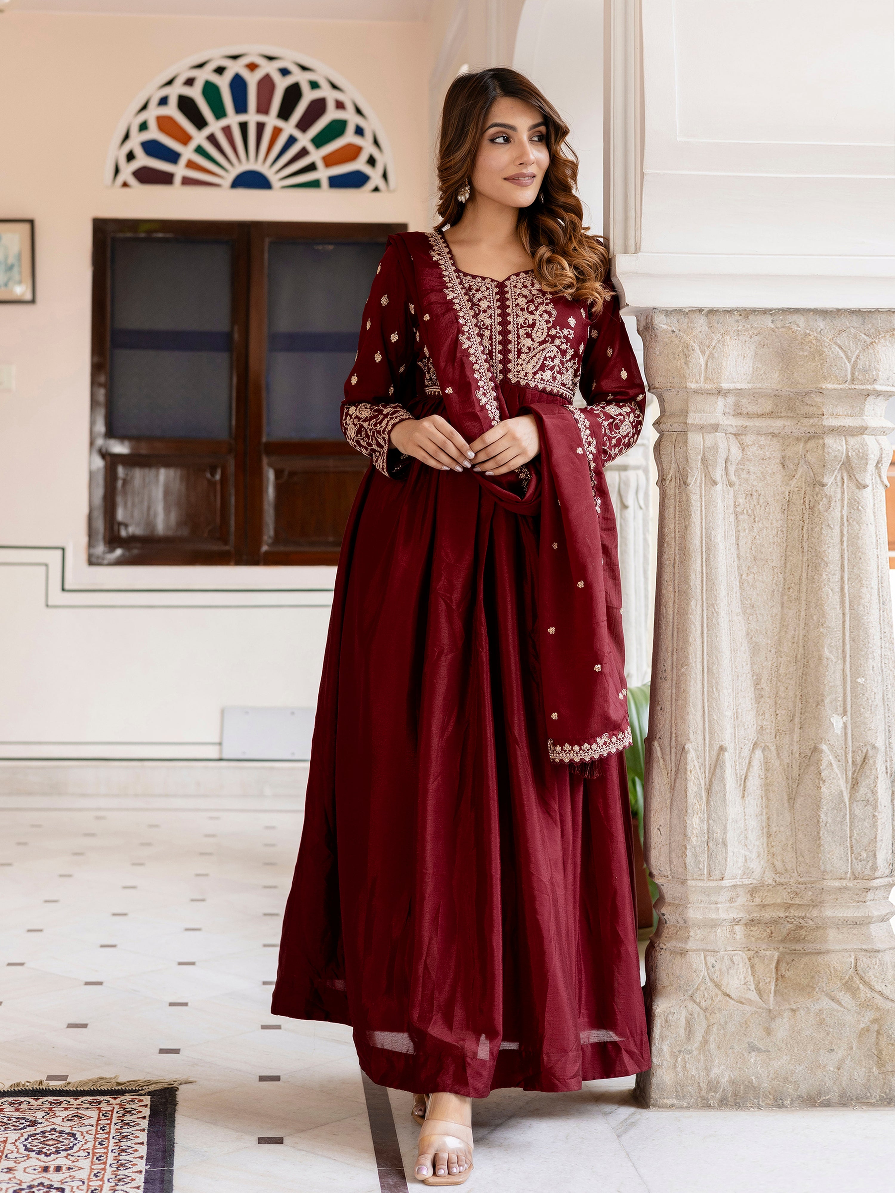 Maroon Silk Blend Embroidery Anarkali  Salwar Suit Set with Dupatta for Women'S Trendmallsin
