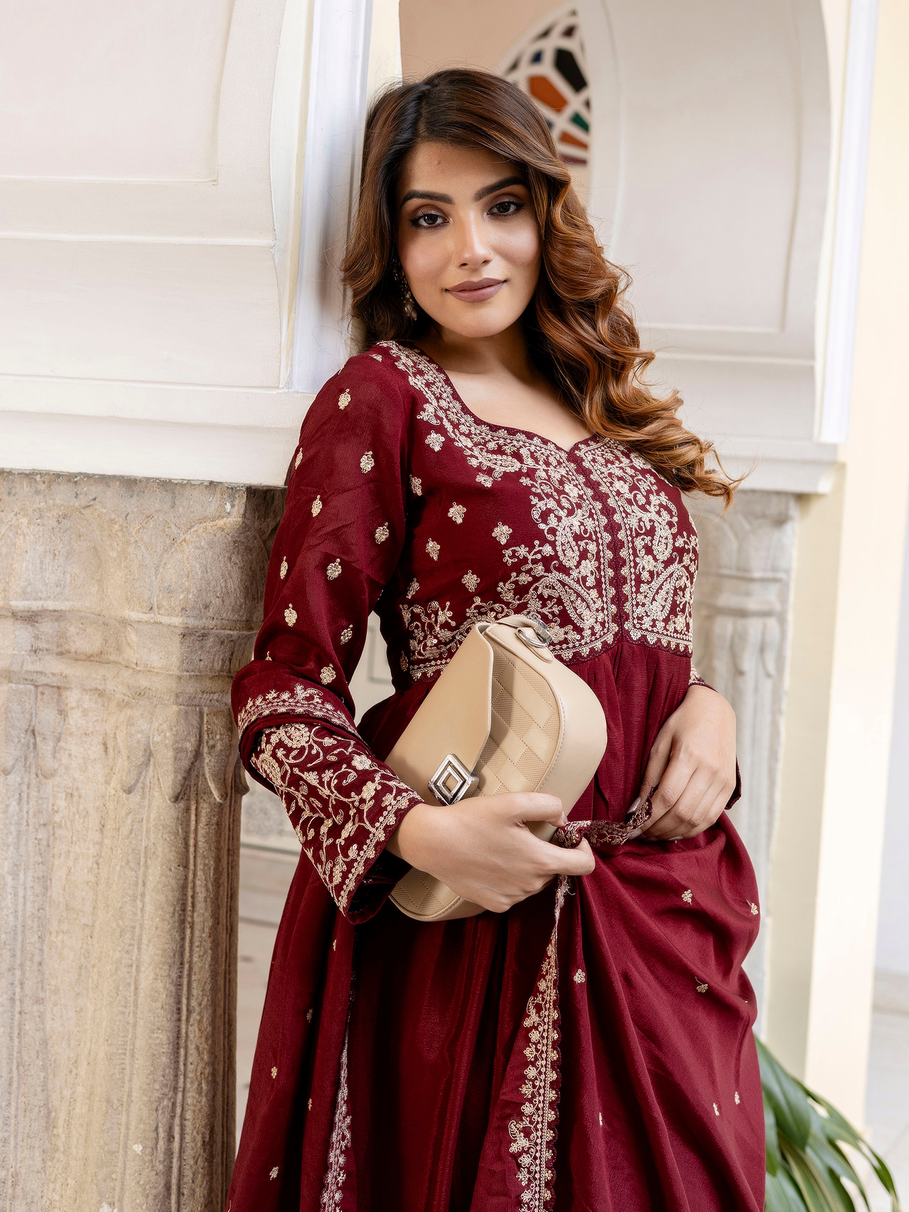 Maroon Silk Blend Embroidery Anarkali  Salwar Suit Set with Dupatta for Women'S Trendmallsin