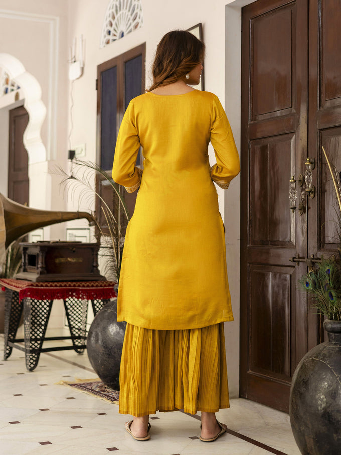 Yellow Art Silk Embroidery Sequence Work Pleated Kurta Sharara with Dupatta For Women's Trendmalls