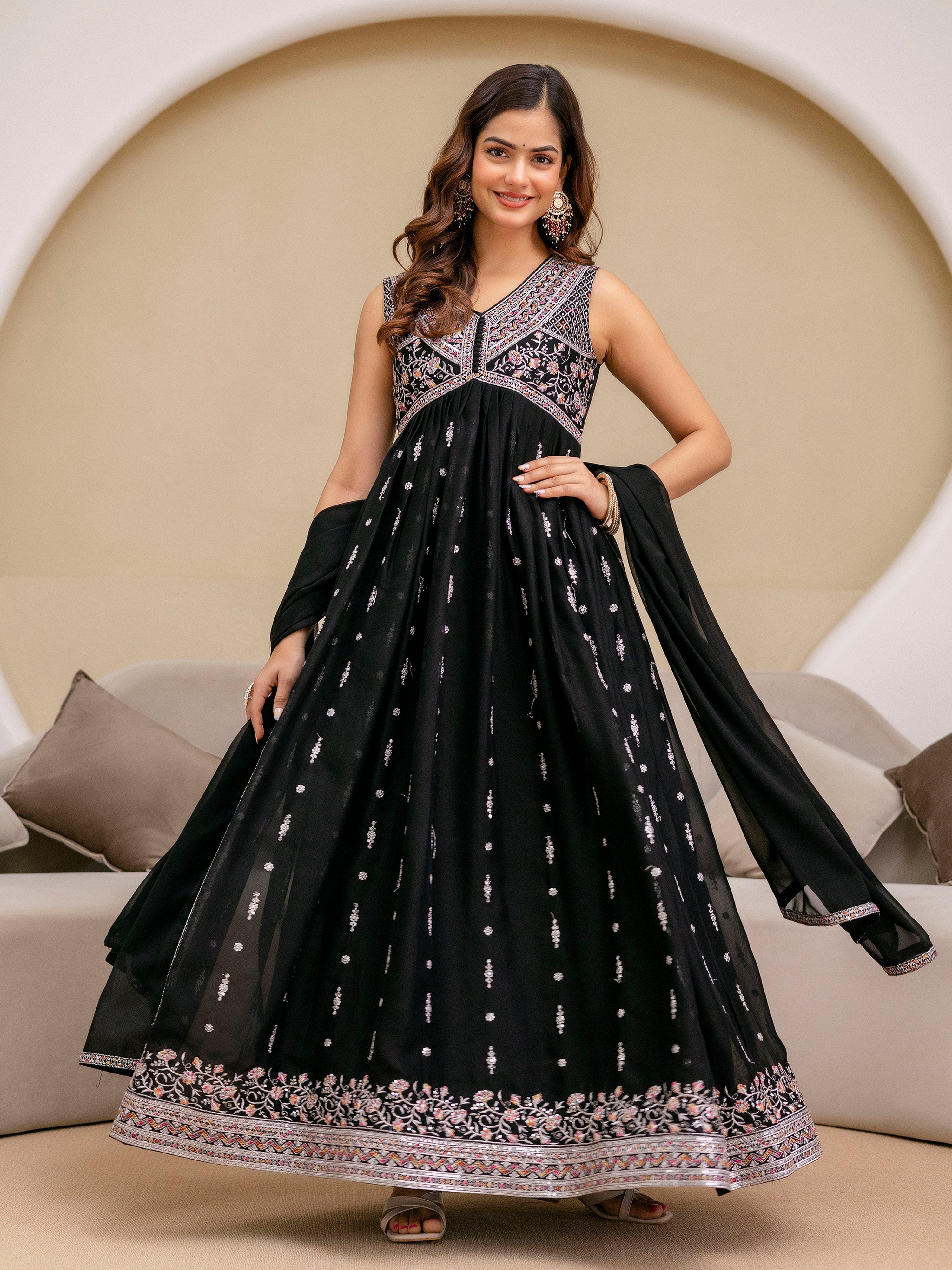 Black Art Silk Embroidery Work Anarkali Kurta Pant with Dupatta Set Trendmalls