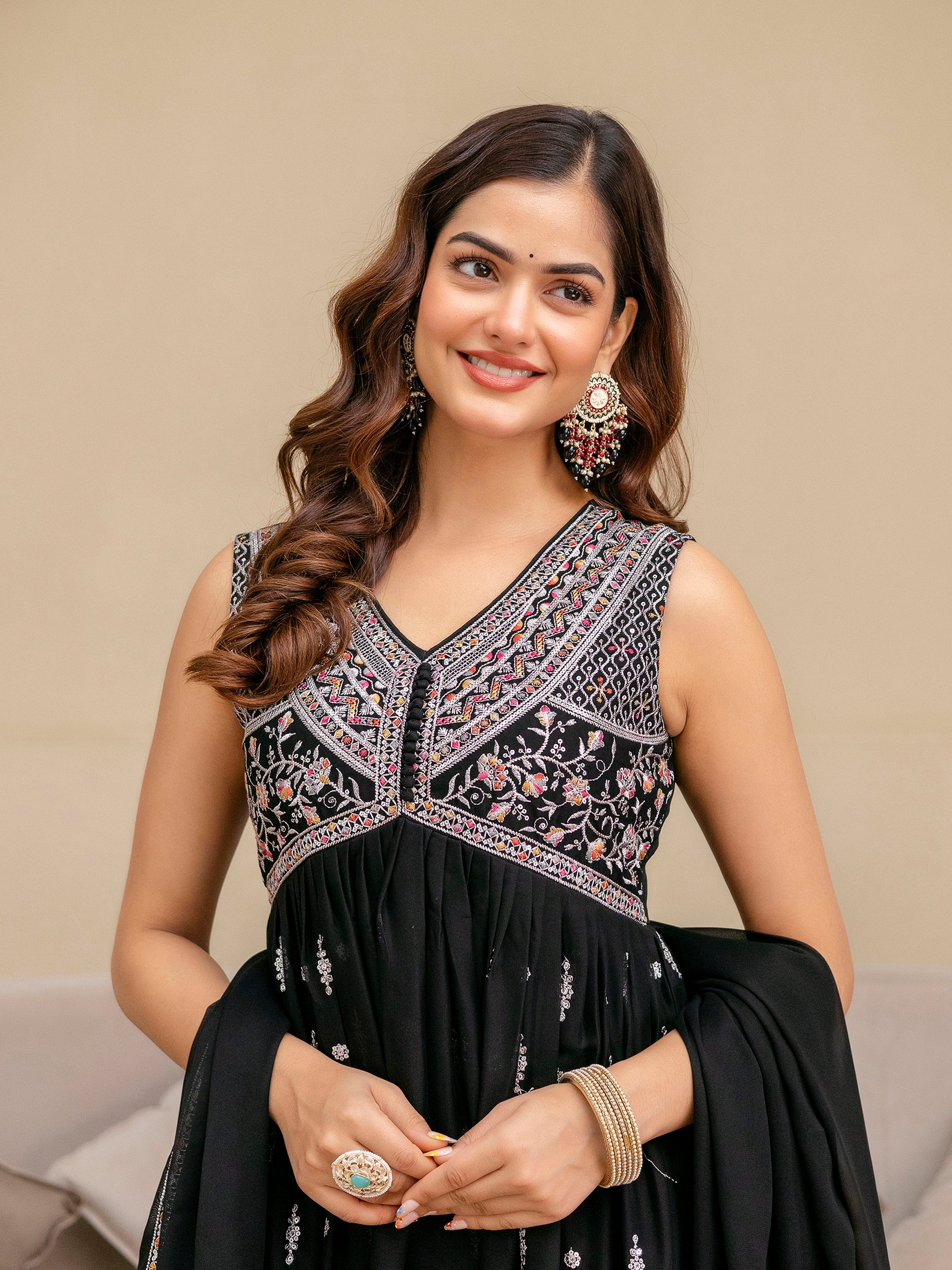 Black Art Silk Embroidery Work Anarkali Kurta Pant with Dupatta Set Trendmalls