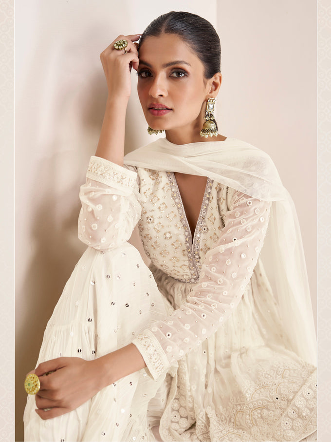OffWhite Georgette Embroidery Sequence Work Kurta Sharara with Dupatta Trendmalls