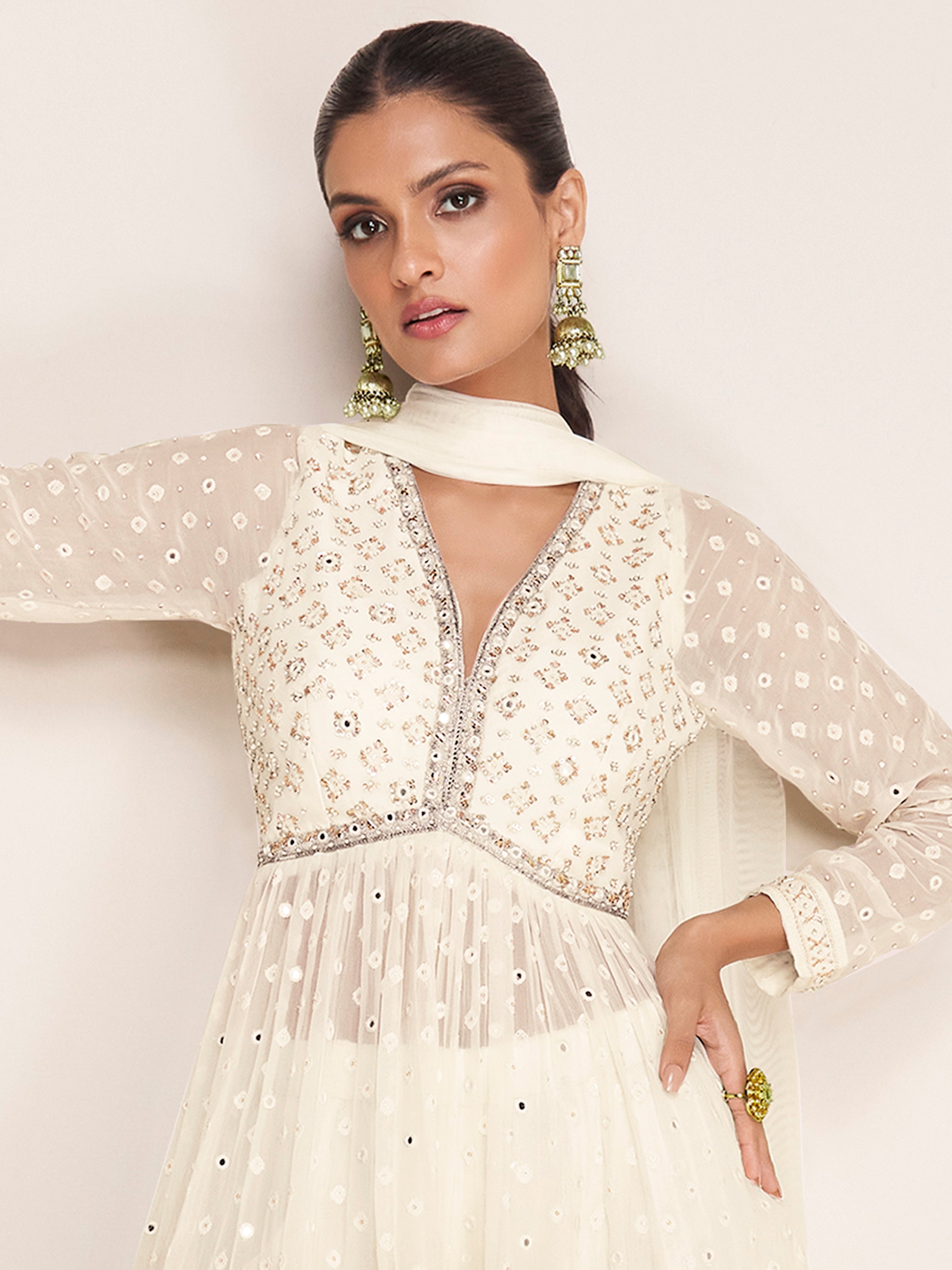 OffWhite Georgette Embroidery Sequence Work Kurta Sharara with Dupatta Trendmalls