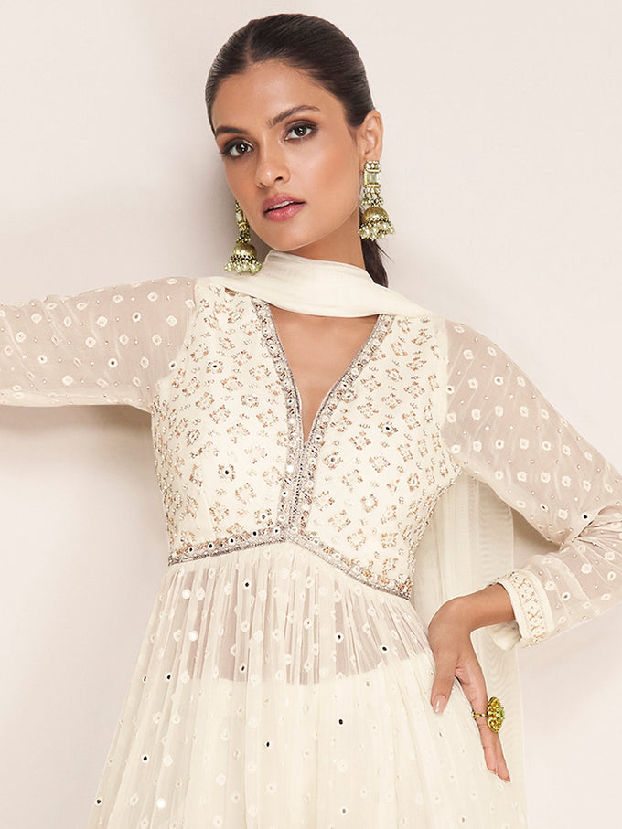 OffWhite Georgette Embroidery Sequence Work Kurta Sharara with Dupatta Trendmalls