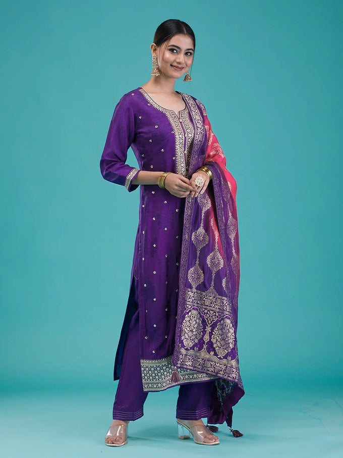 Purple Jequard Embroidery Salwar Suit With Dupatta