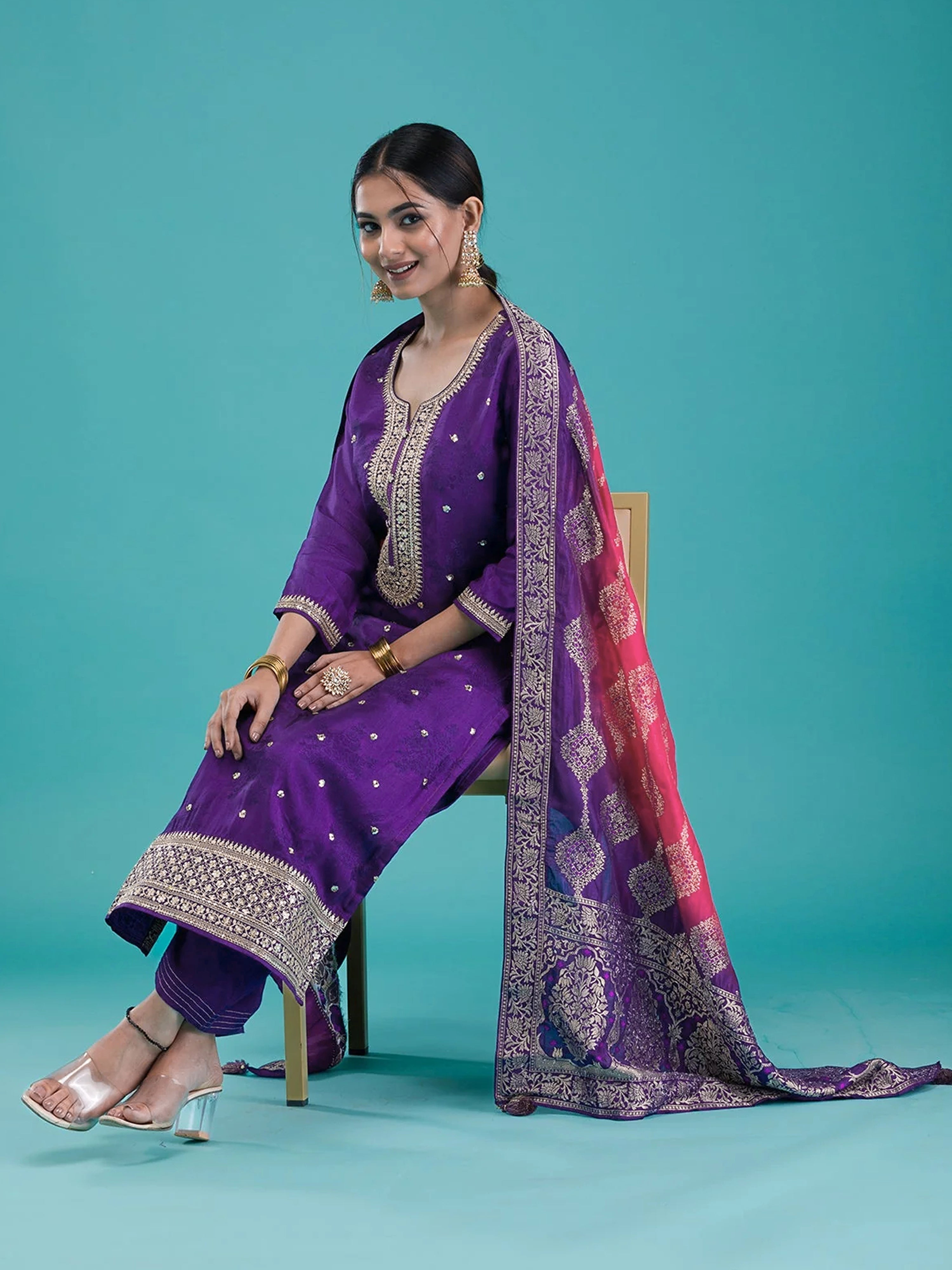 Purple Jequard Embroidery Salwar Suit With Dupatta