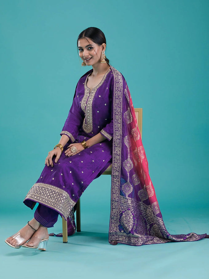 Purple Jequard Embroidery Salwar Suit With Dupatta