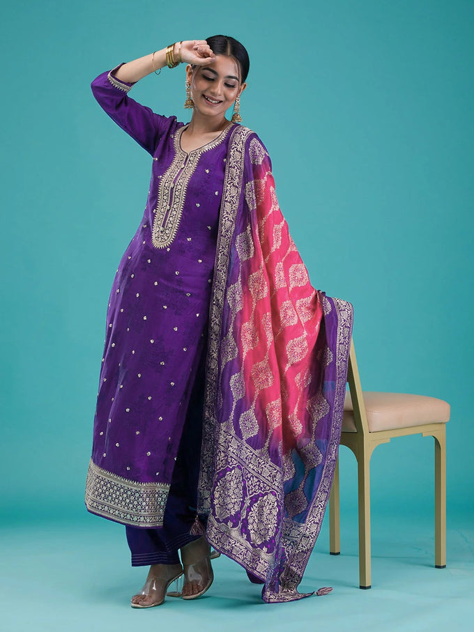 Purple Jequard Embroidery Salwar Suit With Dupatta