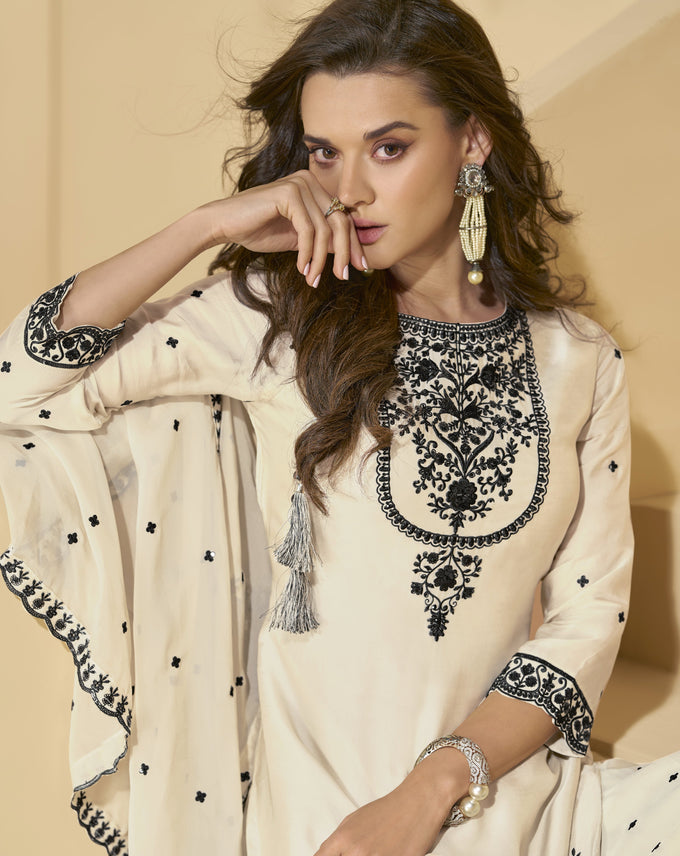 Offwhite Georgette Embroidery Sequence Work Kurta Palazzo with Dupatta Salwar Suit Set For Women's Trendmalls