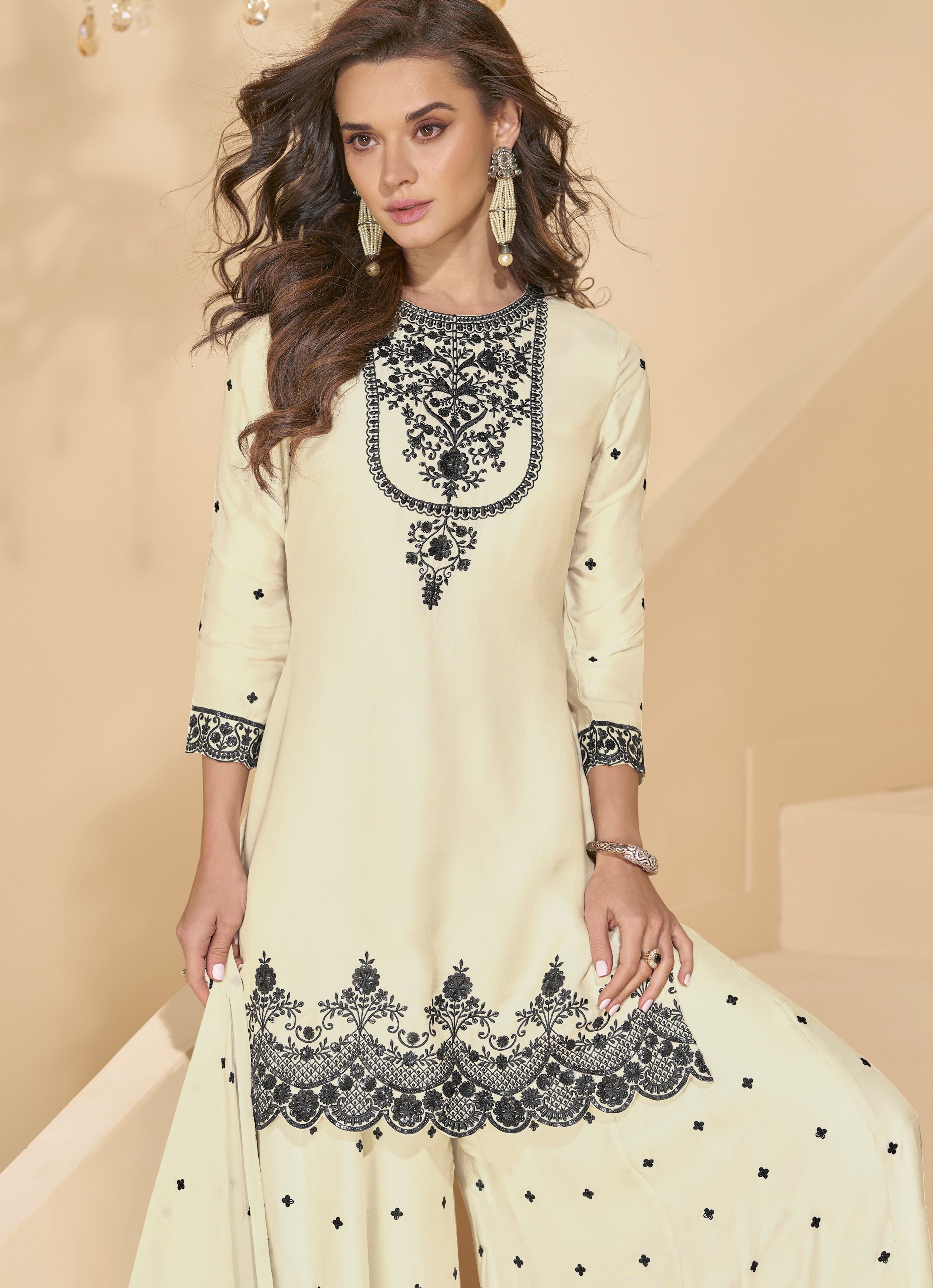 Offwhite Georgette Embroidery Sequence Work Kurta Palazzo with Dupatta Salwar Suit Set For Women's Trendmalls