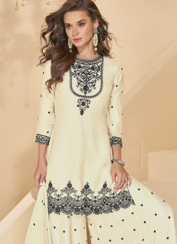Offwhite Georgette Embroidery Sequence Work Kurta Palazzo with Dupatta Salwar Suit Set For Women's Trendmalls