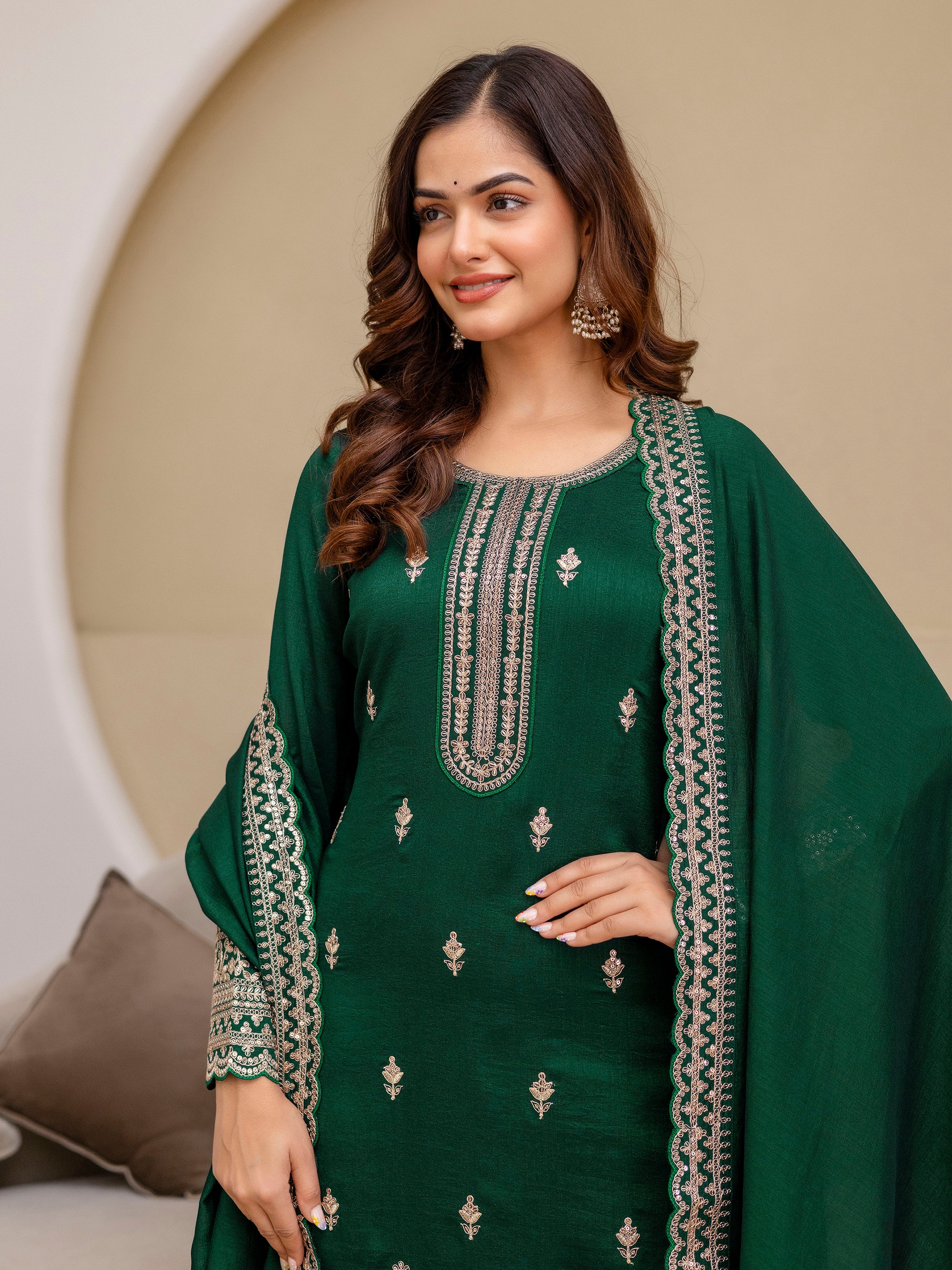 Green Art Silk Embroidery Salwar Suit Set with Dupatta For Women's Trendmalls