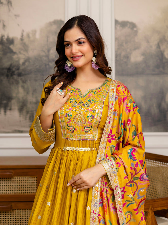 Yellow Art Silk Embroidery Salwar Suit Set Anarkali Kurta Pant with Dupatta Trendmalls