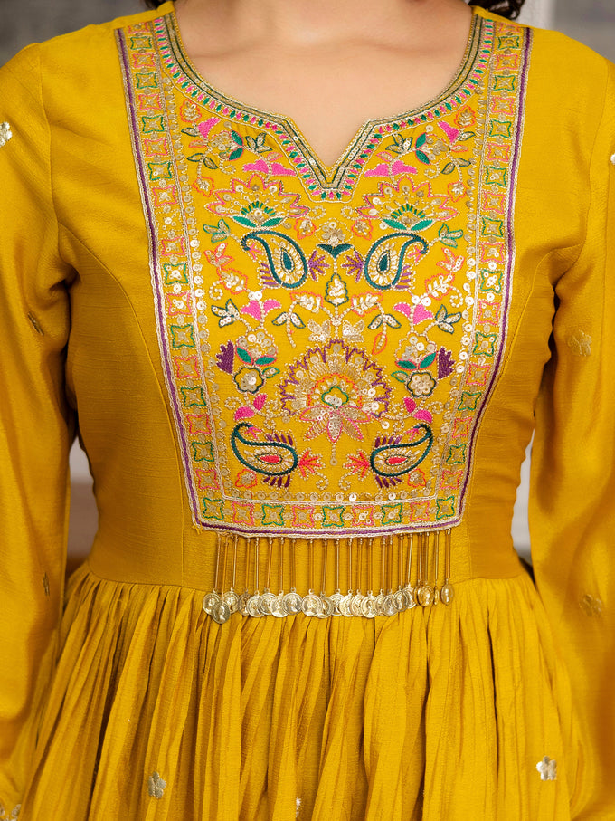 Yellow Art Silk Embroidery Salwar Suit Set Anarkali Kurta Pant with Dupatta Trendmalls
