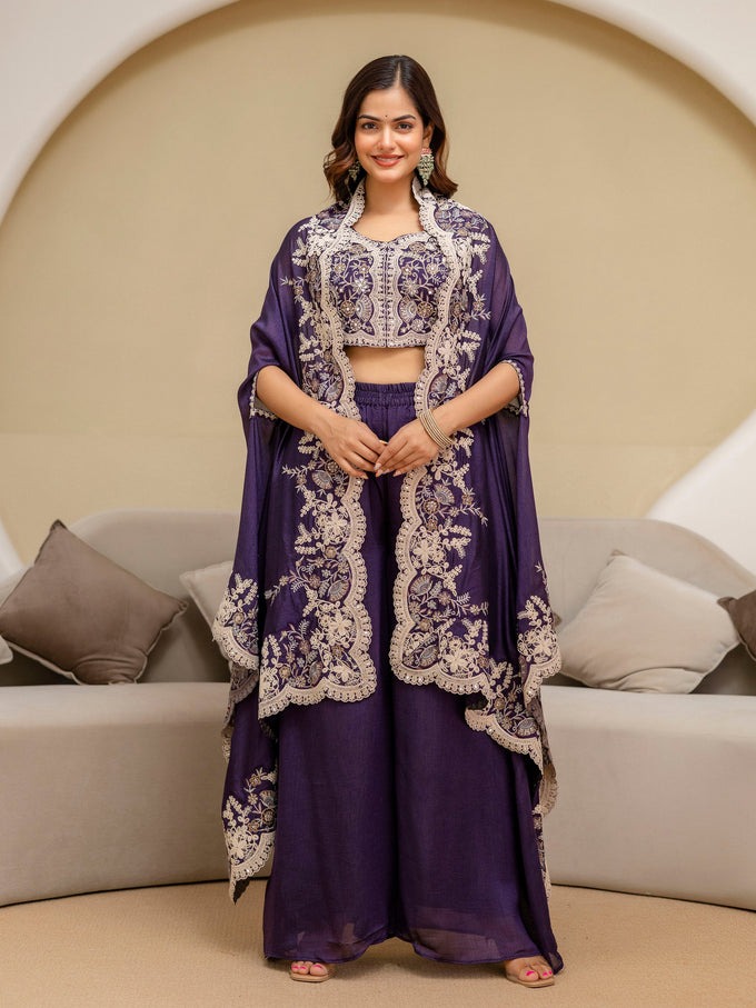 Purple Art Silk Embroidery Mirror Work Crop Top with Flared Palazzo and Shrug Set Ethnic Salwar Set Trendmalls